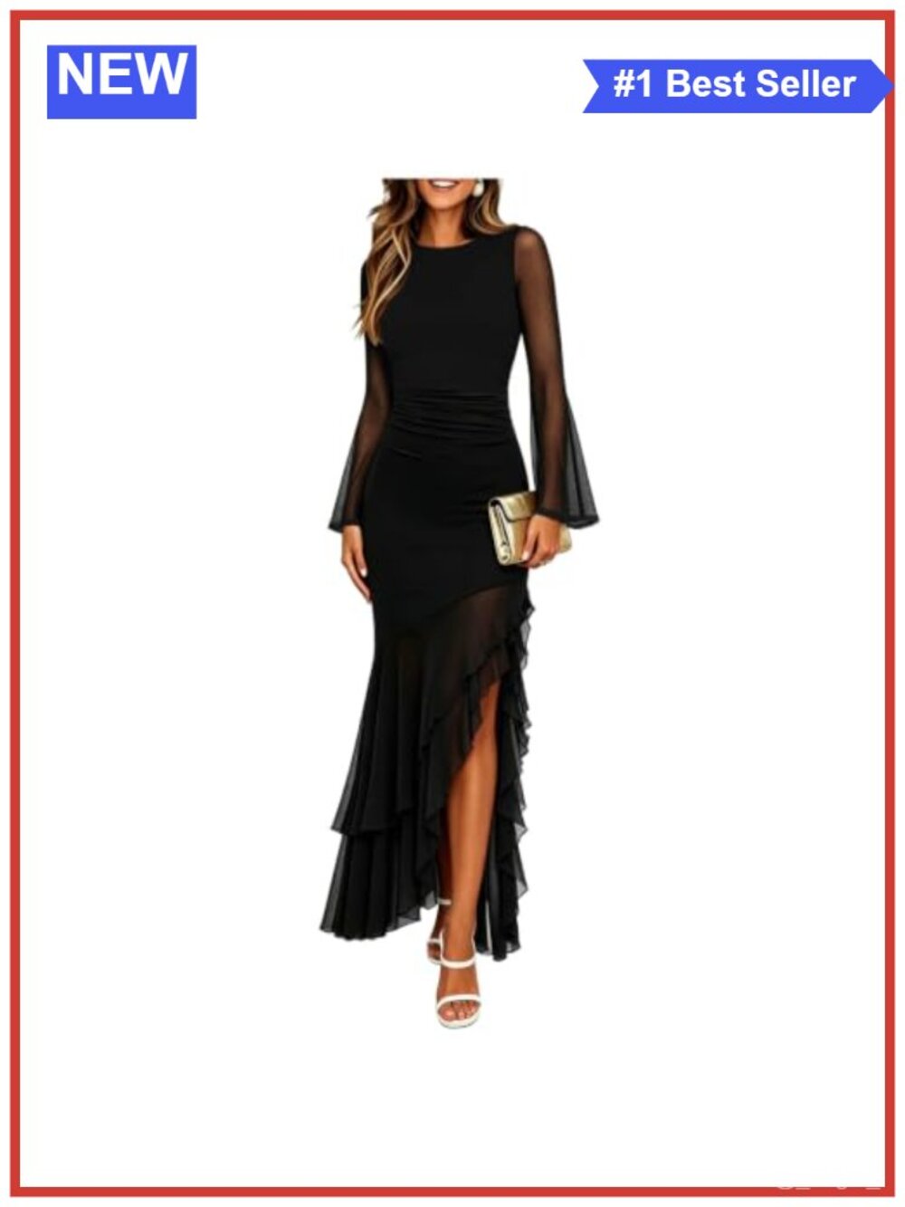Ruched Bodycon Long Sleeve Maxi Dress Mesh Mermaid Cocktail Formal